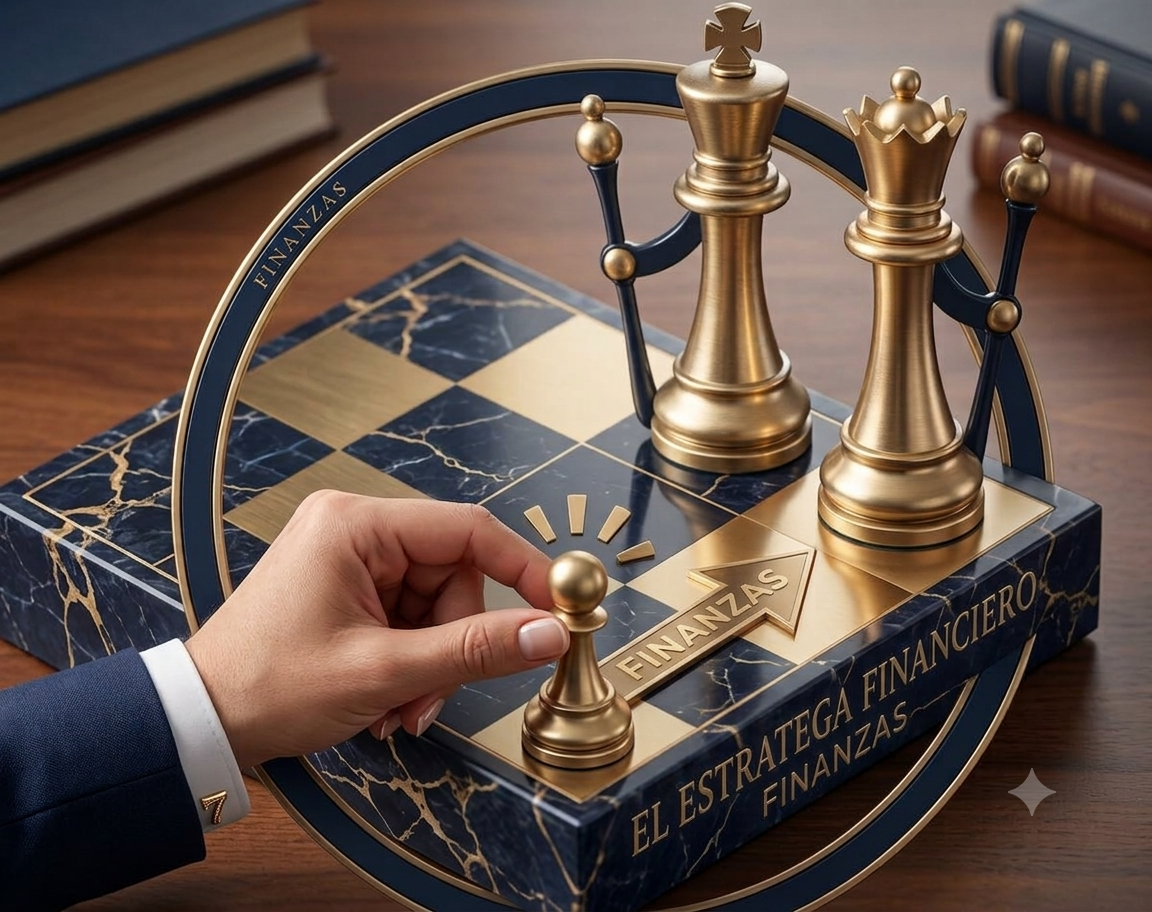 El Estratega Financiero — emblema de ajedrez sobre tablero de mármol